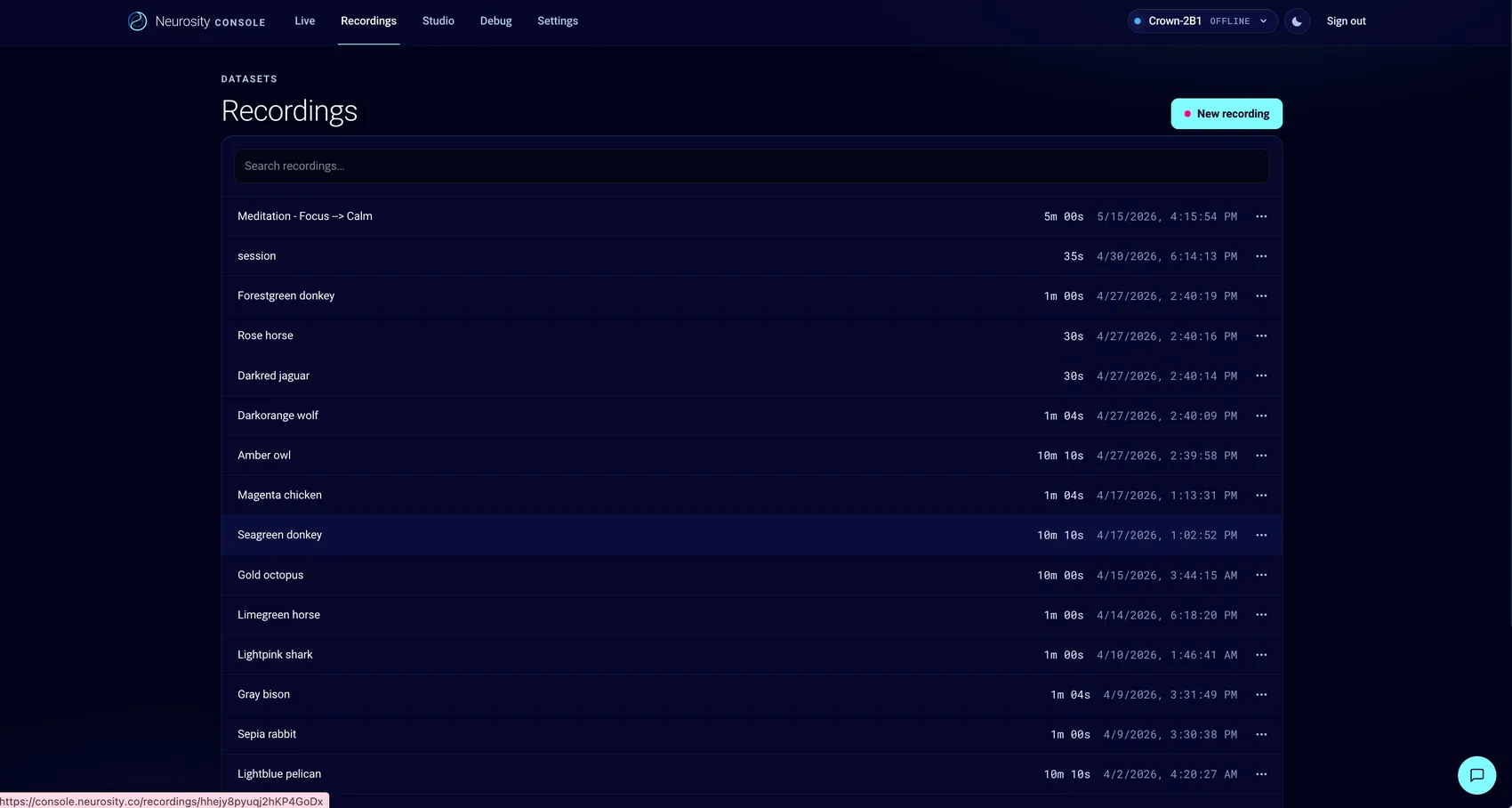 The Recordings list in the Neurosity Console