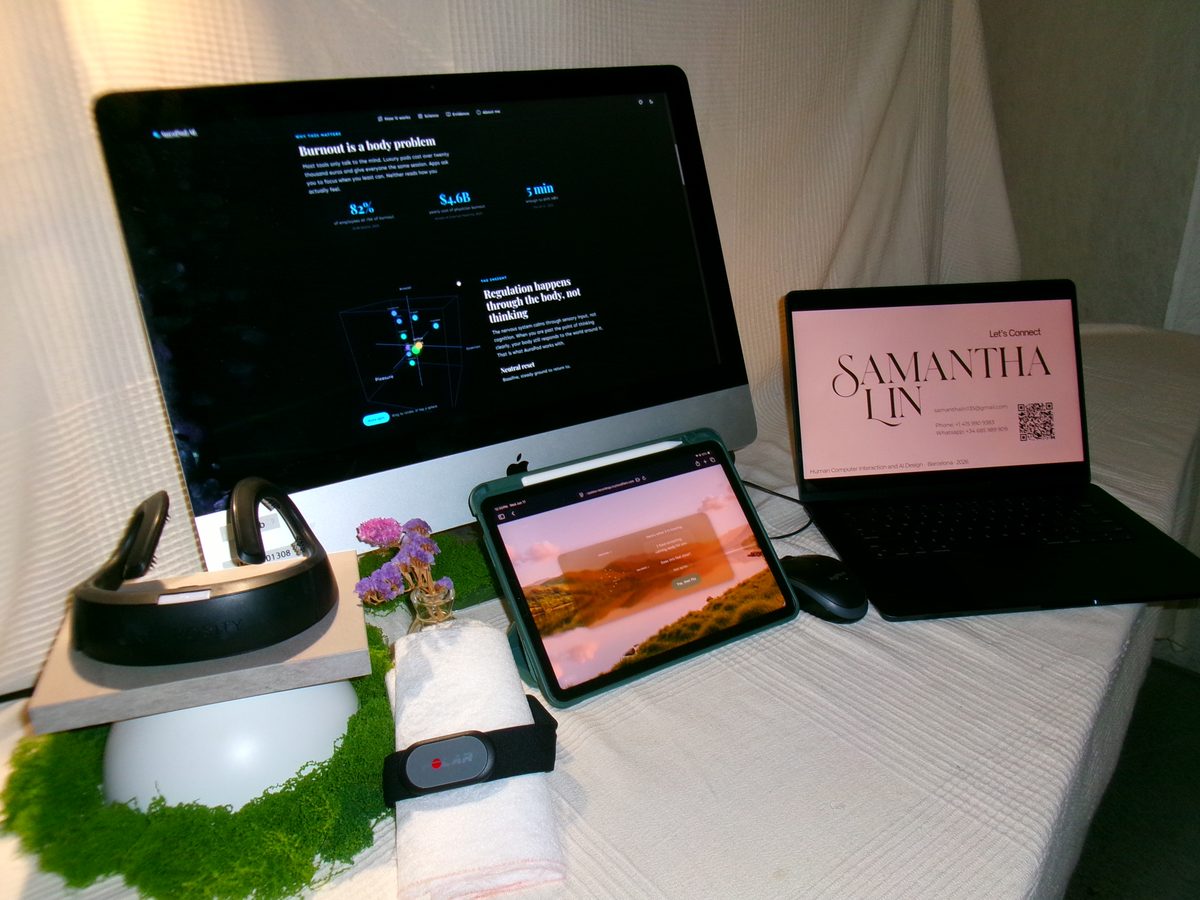 The AuraPod AI exhibition setup at a graduate show, with the Neurosity Crown headset on display as part of it.