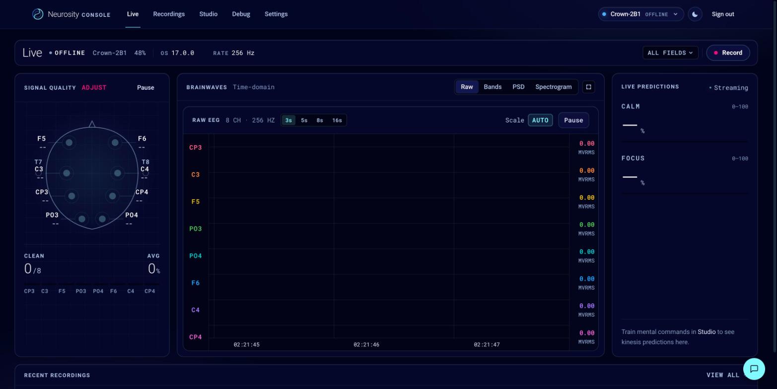 The Neurosity console Live screen